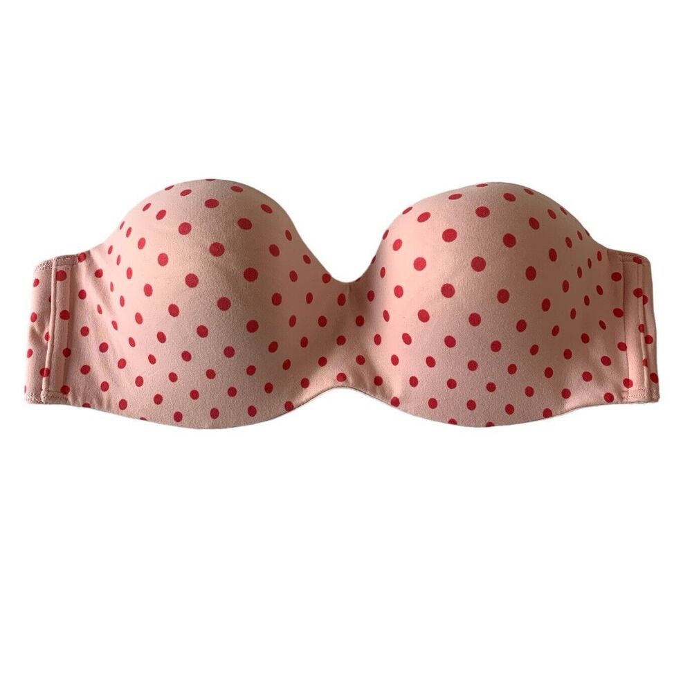 VICTORIA’S SECRET Pink Polka Dot Strapless Bra Sz 34C Whimsy Underwire *READ*
